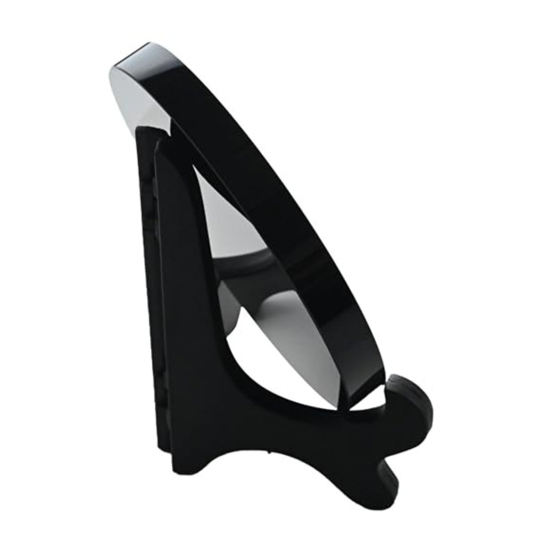 Back view of the Scrying Mirror - Obsidian Glass, 4.72 in, demonstrating its elegant design and sturdy wooden stand.