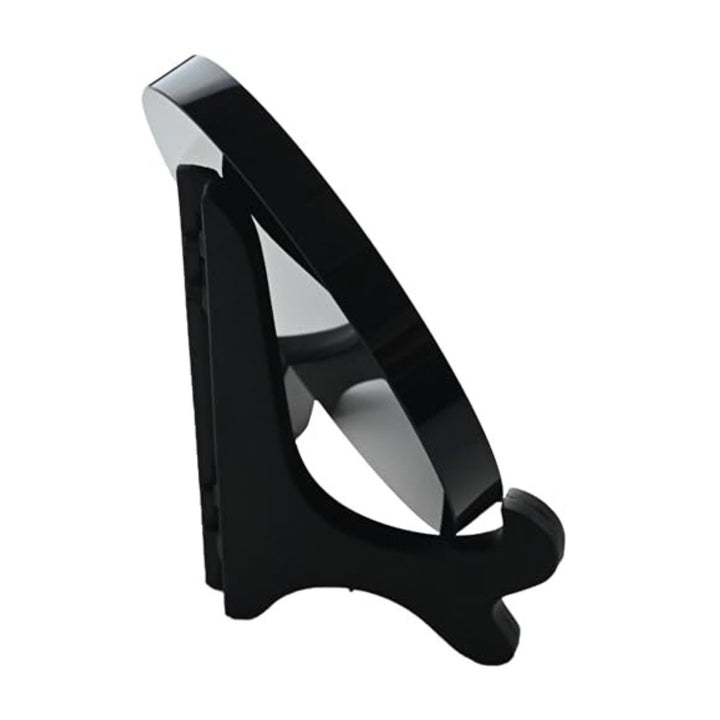 Back view of the Scrying Mirror - Obsidian Glass, 4.72 in, demonstrating its elegant design and sturdy wooden stand.