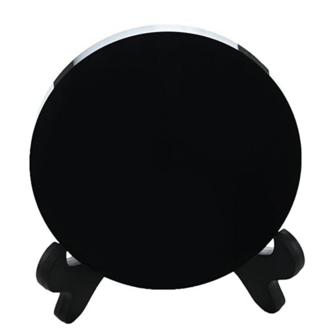 Circular obsidian scrying mirror on a black display stand, showing the reflective surface.