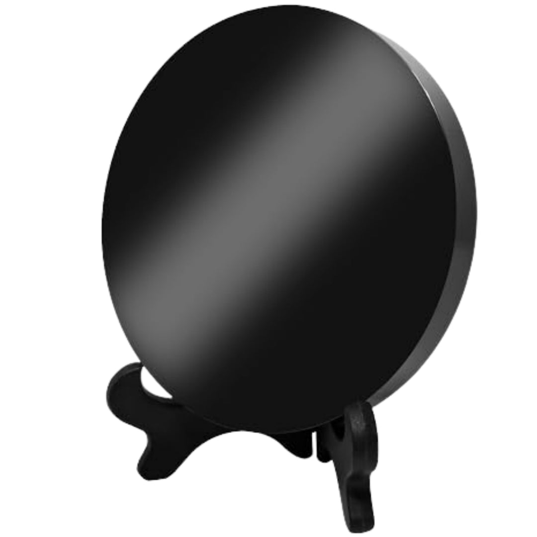 Close-up of the Large Obsidian Mirror (7.87 in) with its Obsidian Black surface, perfect for spiritual protection and rituals.