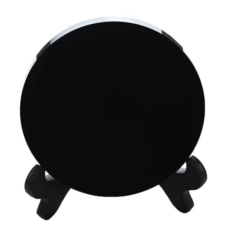 Bottom view of the 2.36 inch Black Obsidian Mirror on a stand, showcasing its sturdy and elegant design for rituals